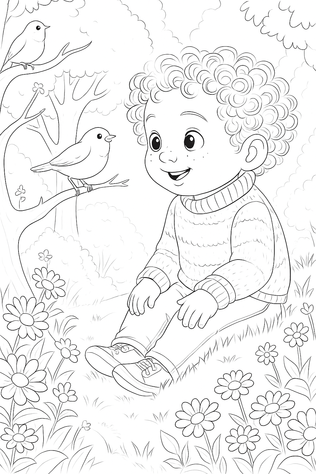 Coloring Page Child and Bird